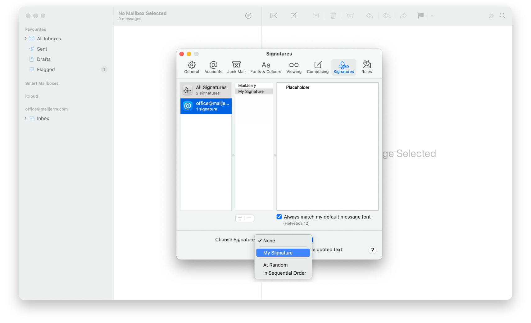 Select your new signature in Apple Mail