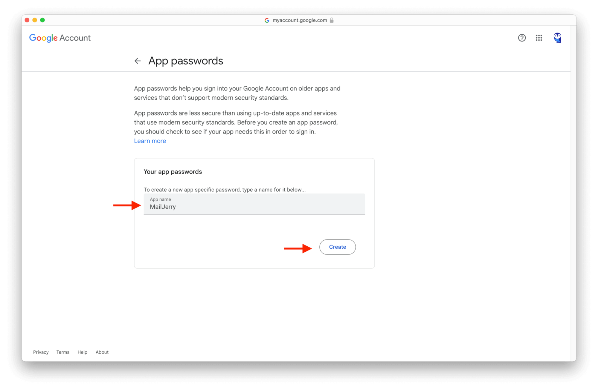 Gmail Migration: Create App Password – New Password