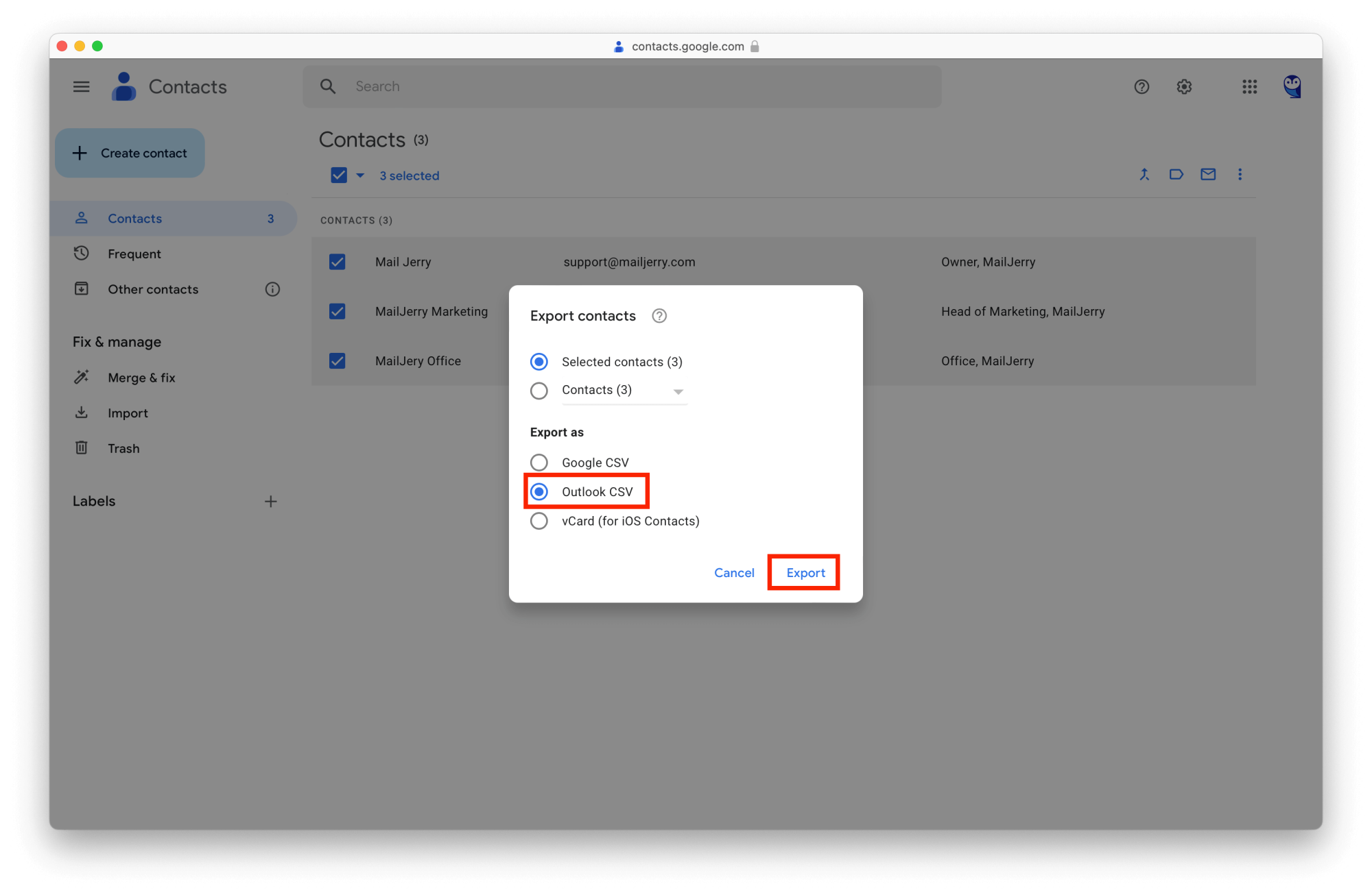 Migrate G Suite to Office 365: Export Gmail contacts – Step 03