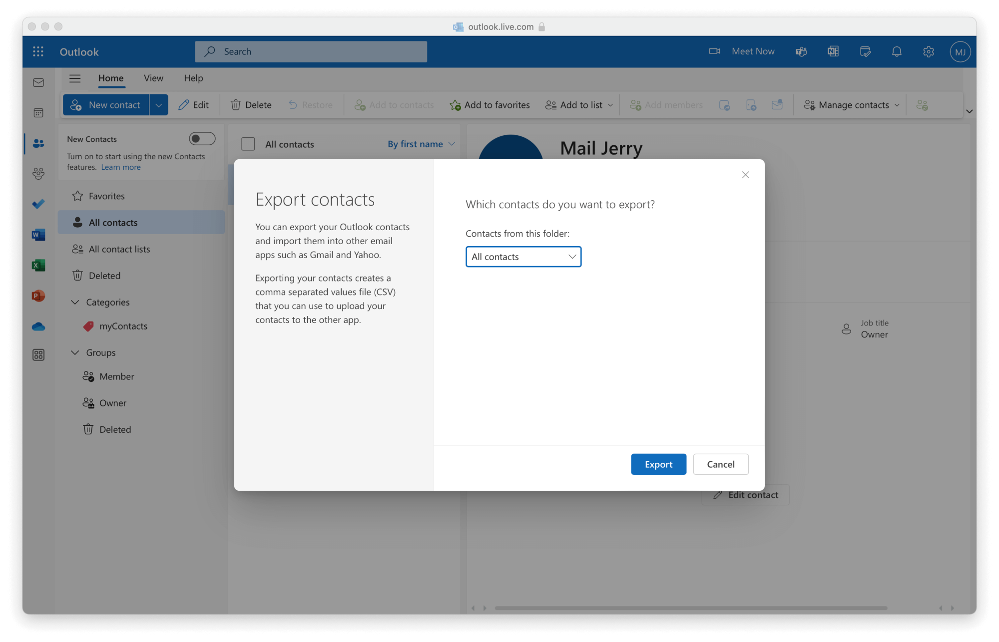 Transfer email from Outlook to Gmail: Export Contacts from Outlook