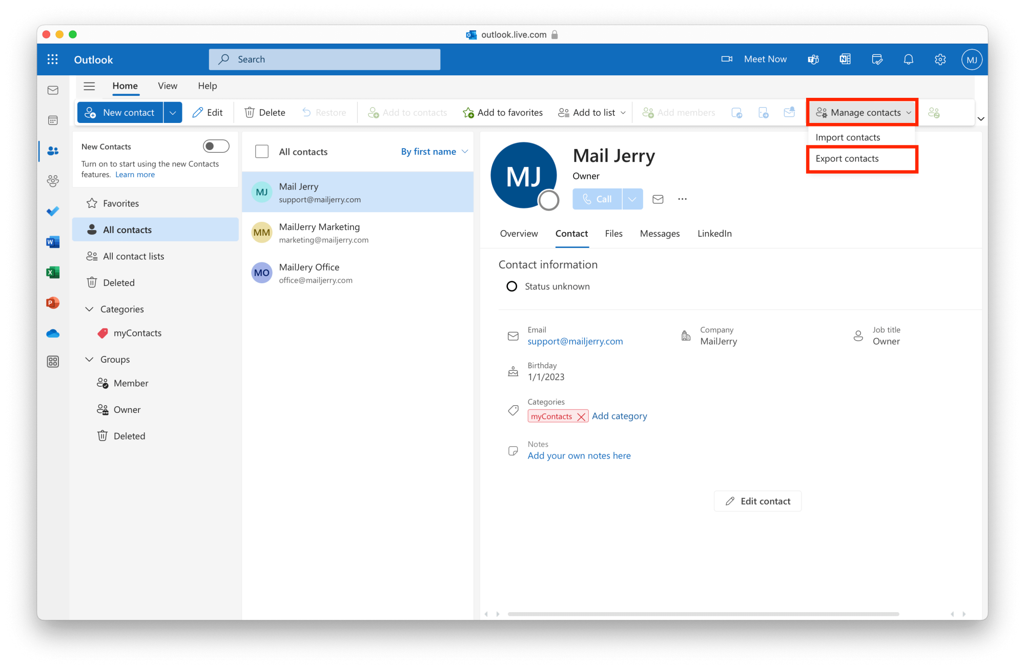 Transfer email from Outlook to Gmail: Manage Outlook Contacts