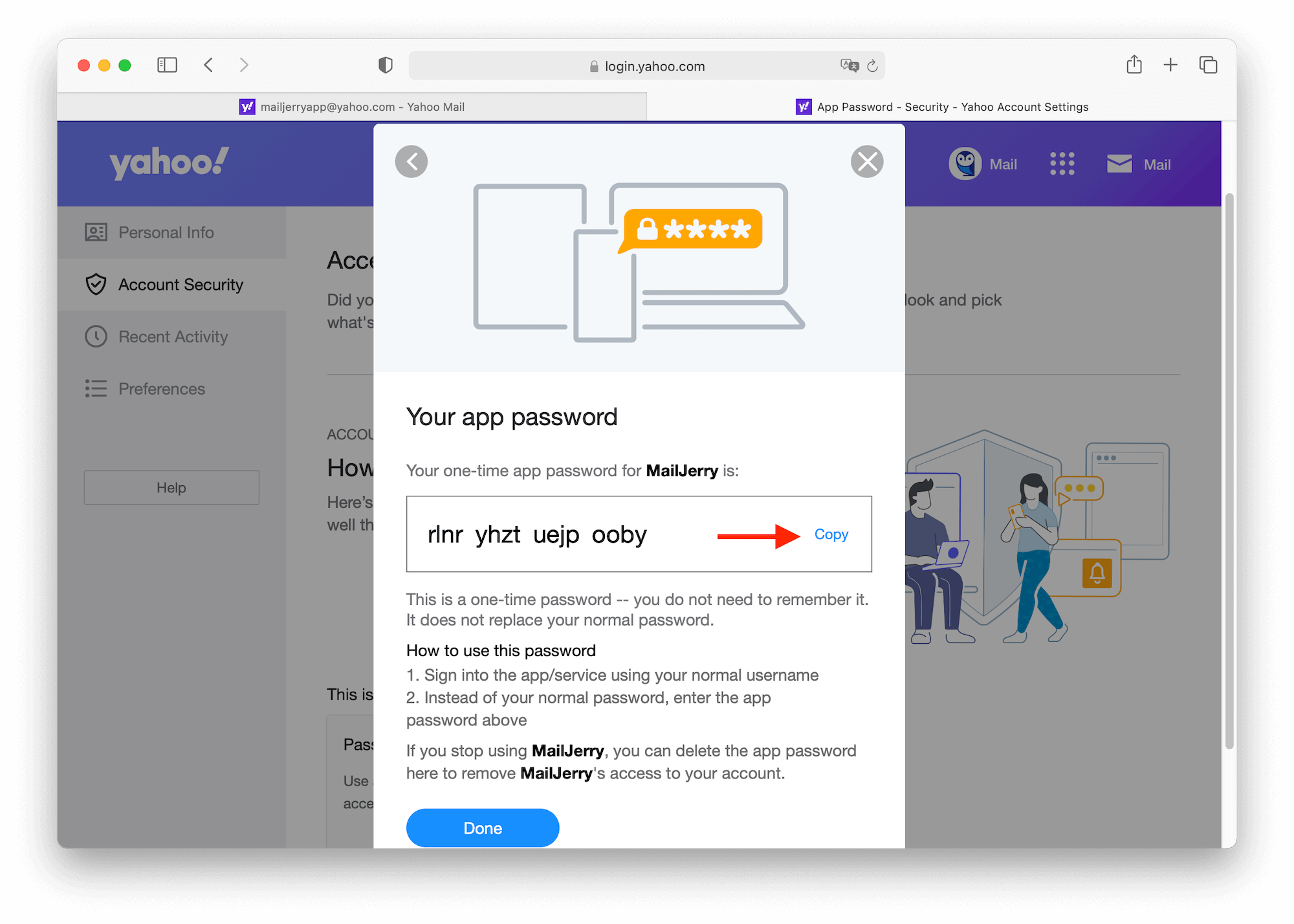 Transfer Yahoo Mail to Gmail: Copy the App Password for Yahoo